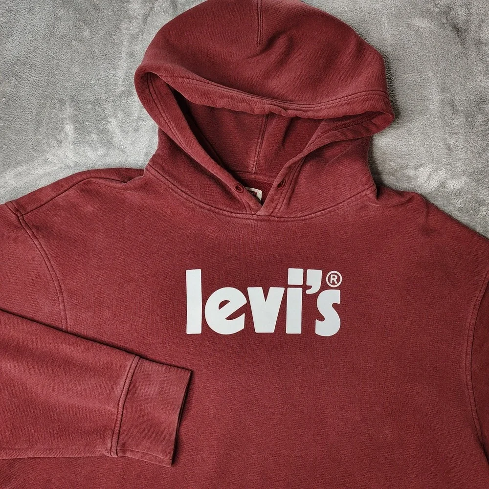 Levi's Relaxed Graphic Hoodie Mens XL Burgundy Red Logo Pullover Fleece Top